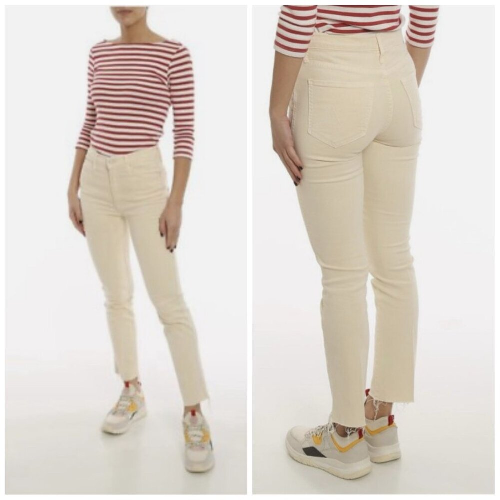 MOTHER High Waisted Rascal Ankle Fray Jeans in Chalk It Up Ivory Women's Size 28